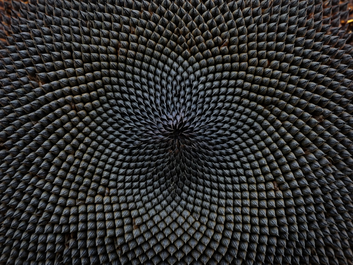 Sunflower seed head showing intersecting families of spiral-like seed rows