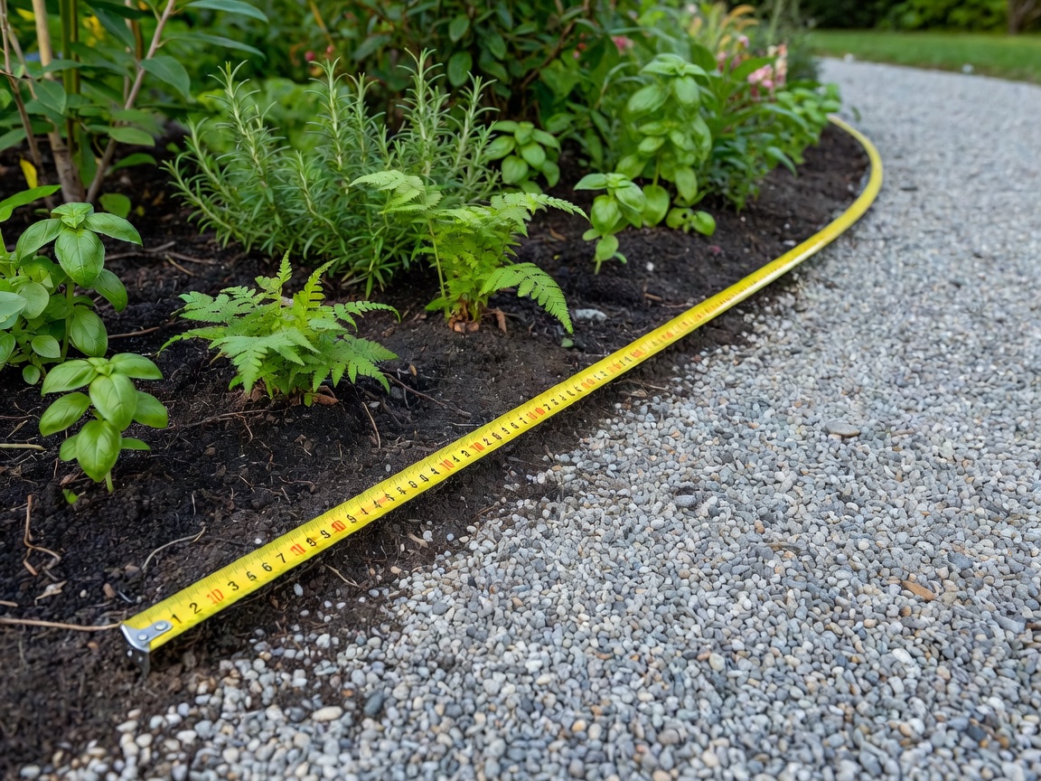 Measuring tape laid beside a garden border to compare planting space and path width