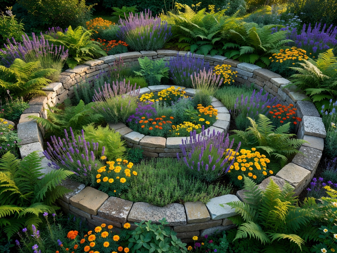Curving stone border guiding the eye around densely planted garden beds